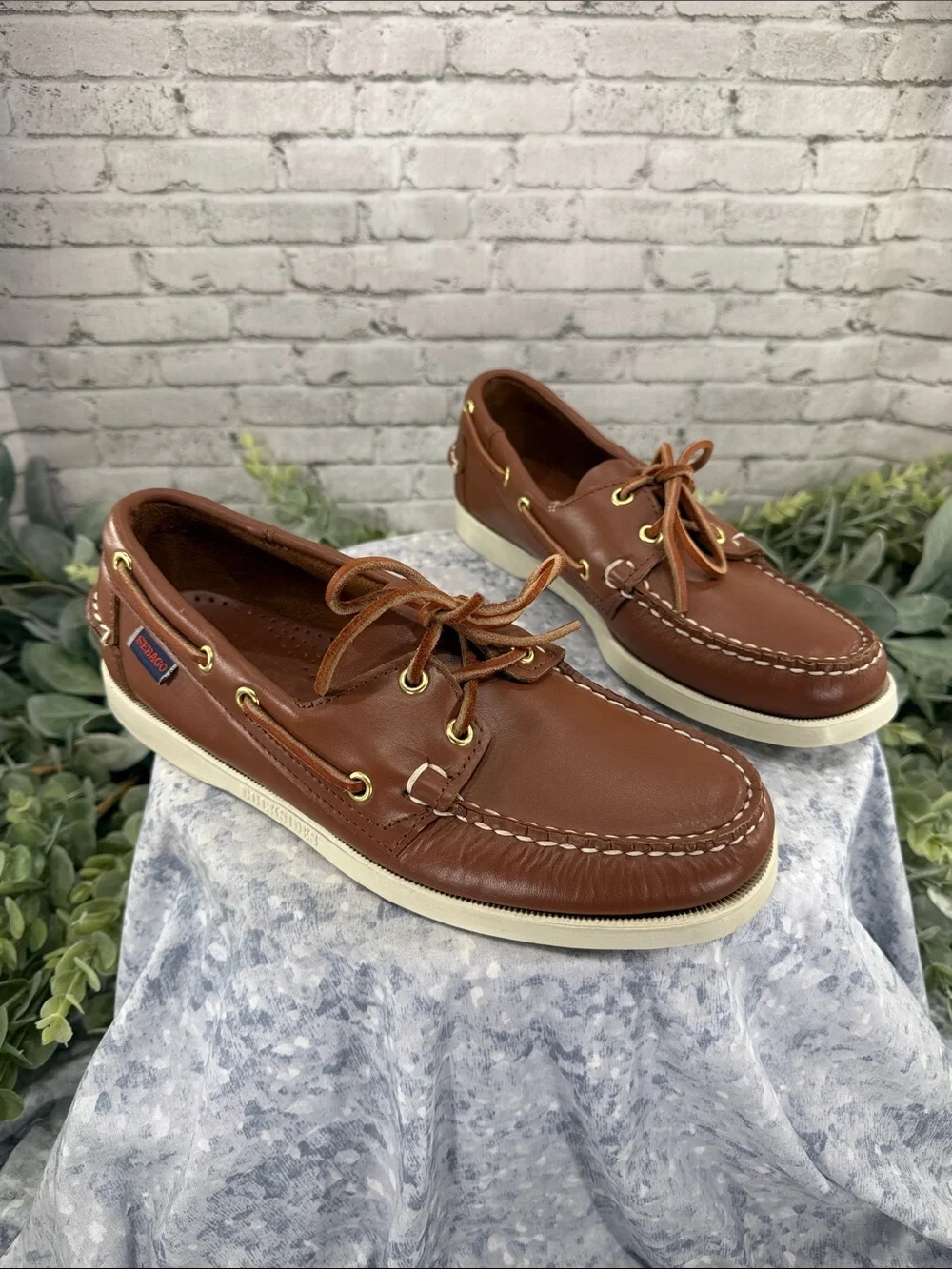 SEBAGO DOCKSIDES “Portland” Cognac Waxed Leather Classic Boat Shoe Mens 7.5W EUC